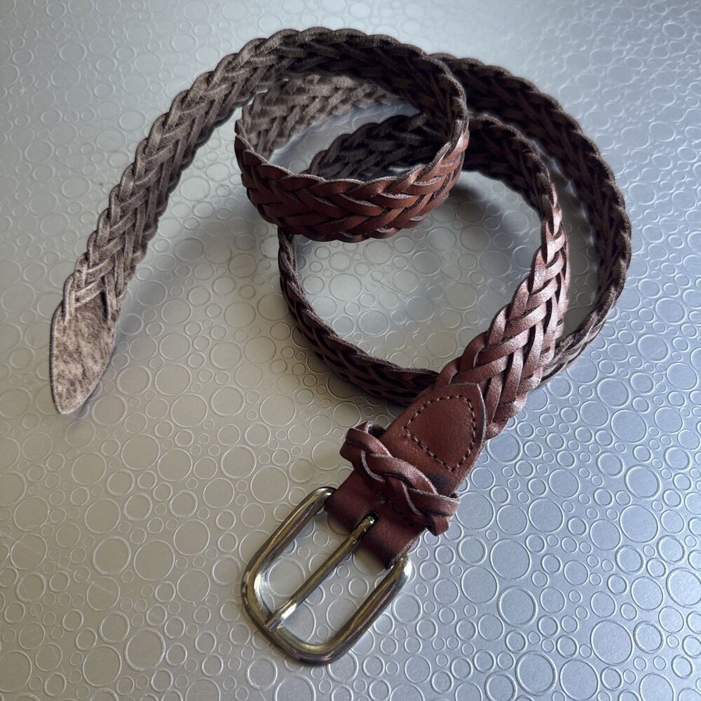 Vintage Argentina Braided Leather Belt Womens L XL 34 36 Brown Woven Skinny 1”